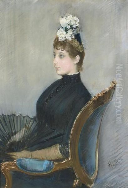 Portrait Of Mathilde See, Half-length, Holding A Fan Oil Painting by Paul Cesar Helleu