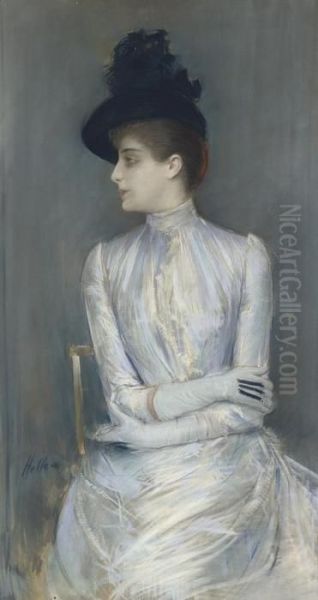 Lady With A Black Hat Oil Painting by Paul Cesar Helleu