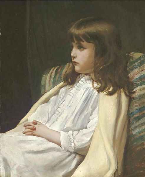 Portrait of a girl, seated three-quarter length, in a white dress Oil Painting by Blanche F MacArthur