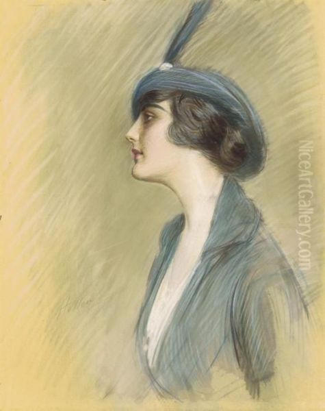 Clara Weil With A Feathered Blue Hat Oil Painting by Paul Cesar Helleu