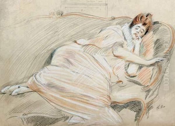 Madame Helleu Sur Son Sofa, Vers 1920 Oil Painting by Paul Cesar Helleu