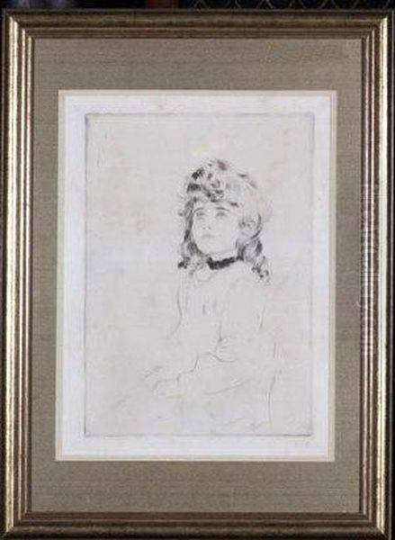 A Small Girl Wearing A Black Choker - Drypoint Oil Painting by Paul Cesar Helleu