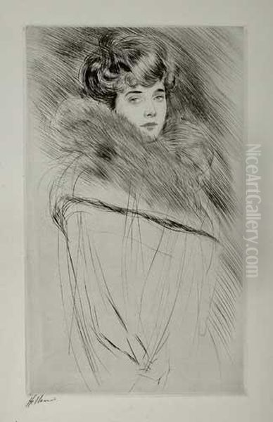 Femme Au Col De Fourrure Oil Painting by Paul Cesar Helleu