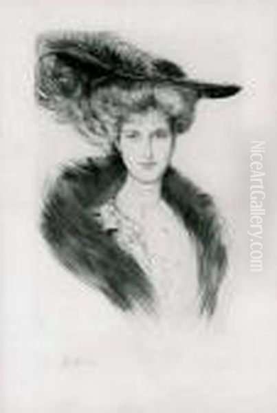 [femme Au Grand Chapeau A Plume]. Vers 1900-1910 Oil Painting by Paul Cesar Helleu