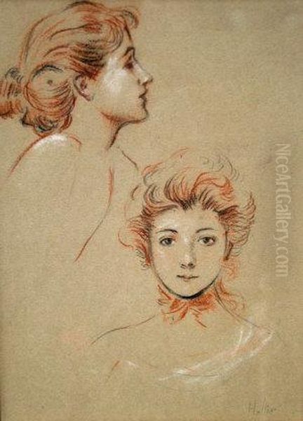 French -- Portrait Studies Of A 
Woman; Black Red And White Chalk On Buff Paper, Bears Signature, 
19.5x14cm Oil Painting by Paul Cesar Helleu