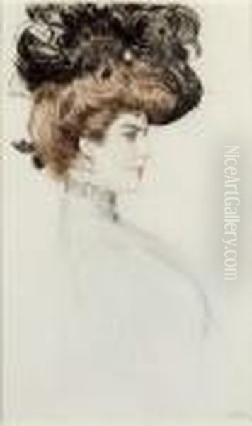 Femme Au Chapeau A Plumes Oil Painting by Paul Cesar Helleu