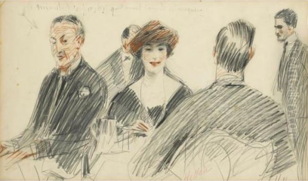 Le The Avec Le Ministre Des 
Postes [, Teatime With The Minister For Post Services; Black Chalk, 
Charcoal And Red Chalk, Signed.] Oil Painting by Paul Cesar Helleu