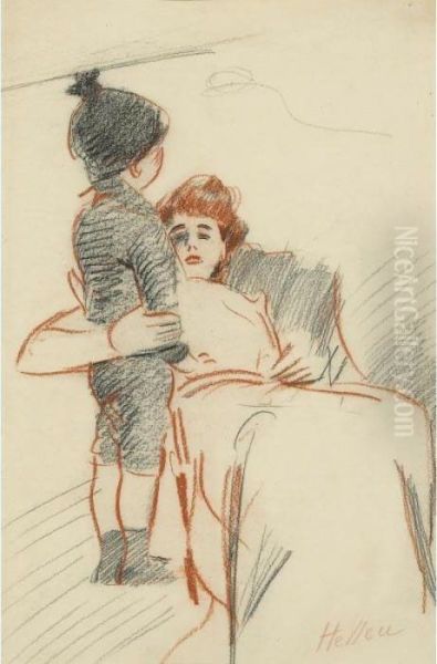 Madame Helleu Et Son Fils Jean. 
[paul Cesar Helleu, Mrs Helleu And Her Son Jean; Charcoal And Red Chalk,
 Signed.] Oil Painting by Paul Cesar Helleu