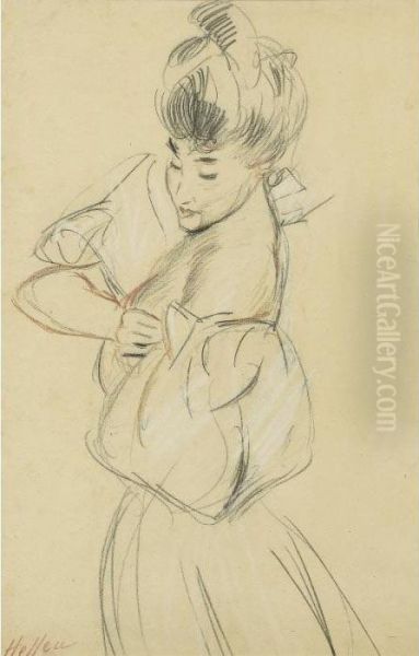 Femme De Profil Arrangeant Sa 
Manche [, A Woman Side View Arranging Her Sleeve; Red, Blak And White 
Chalk, Signed] Oil Painting by Paul Cesar Helleu