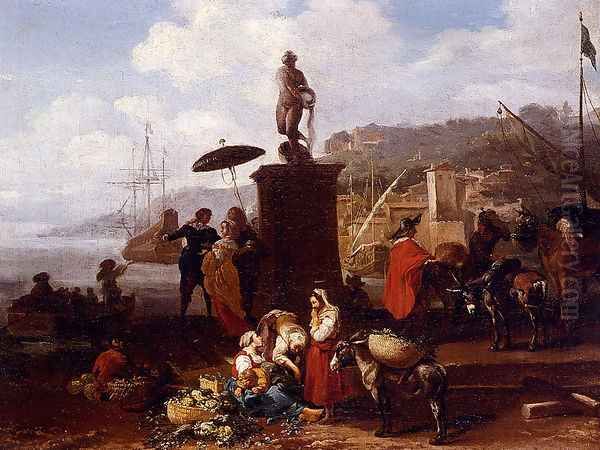 Port Scene With Figures Gathered By A Statue Oil Painting by Hendrik Mommers