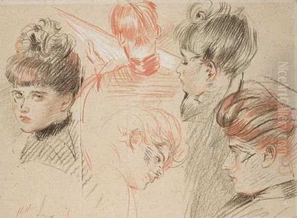 Etude De Cinq Tetes De Femmes Et Enfants, Dont Une Vue De Dos Et Lisant Oil Painting by Paul Cesar Helleu