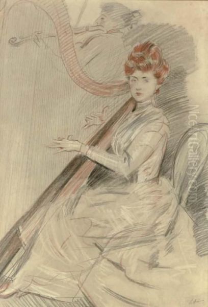 The Harpist Oil Painting by Paul Cesar Helleu