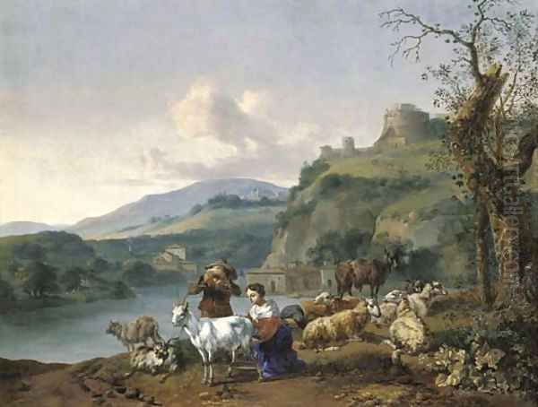 An Italianate river landscape with a shepherd and a shepherdess with their flock, a village beyond beneath a hill with the Mausoleum of Hadrian Oil Painting by Hendrik Mommers