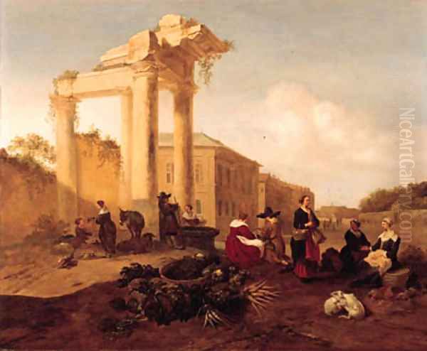 A market near a fountain by a classical ruin in an Italian piazza Oil Painting by Hendrik Mommers