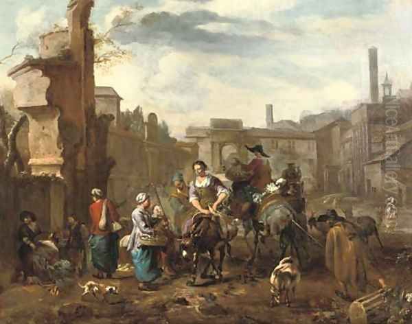 Marketeers on mules and other figures among ancient ruins in a town square Oil Painting by Hendrik Mommers