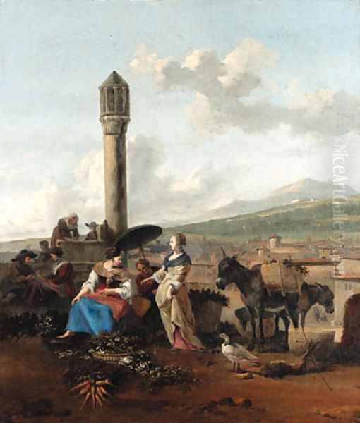 Travellers and tradesmen resting before a monument by Hendrik Mommers