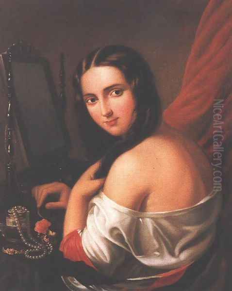 Woman Seated before a Mirror 1840s Oil Painting by Jakab Marastoni