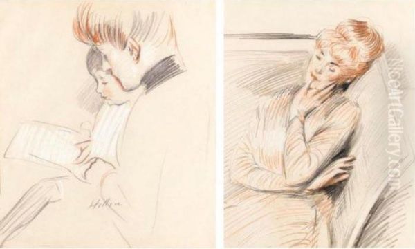 Femme Lisant Avec Son Enfant; Femme Dormant (a Pair) Oil Painting by Paul Cesar Helleu