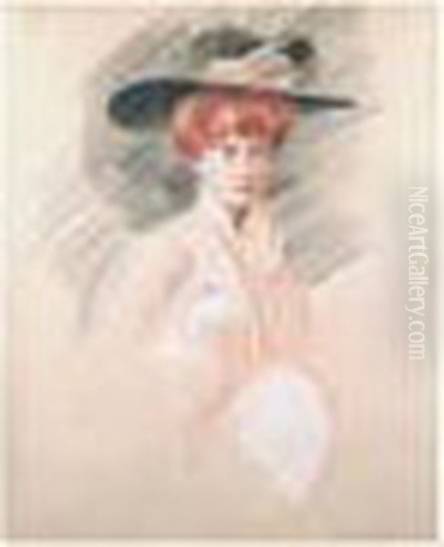 Portrait D'elegante Au Chapeau Oil Painting by Paul Cesar Helleu