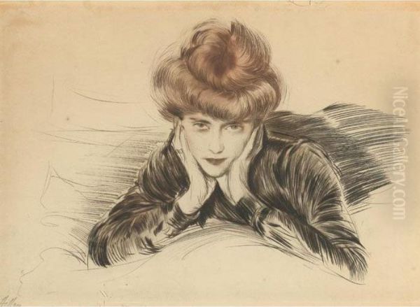 Le Visage Encadre (madame Helleu); And Femme Au Chapeau Oil Painting by Paul Cesar Helleu