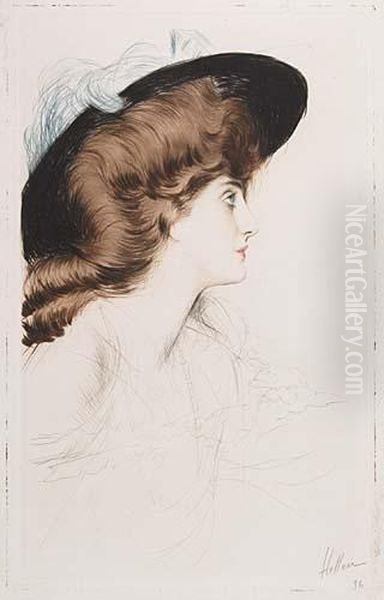 Tete De Femme Au Chapeau Noir Avec Une Plume Bleu, Profil A Droite Oil Painting by Paul Cesar Helleu