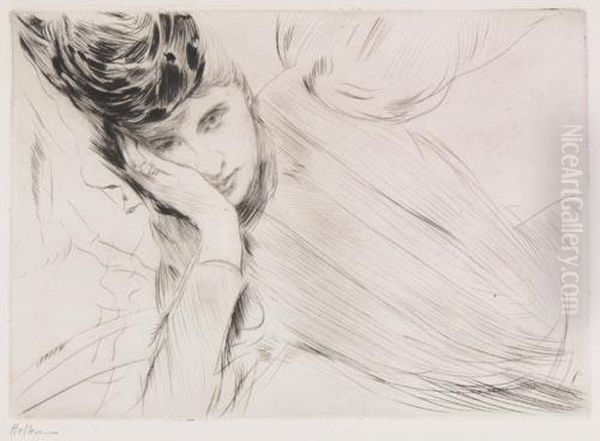 Femme En Buste, La Tete Appuye Dans La Main Droite Oil Painting by Paul Cesar Helleu