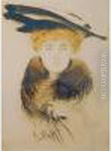 Jeune Femme Rousse Au Chapeau Et Col De Fourrure Oil Painting by Paul Cesar Helleu