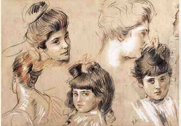 Deux Portraits De Fillette Et Quatre De Jeune Femme Au Chignon. Oil Painting by Paul Cesar Helleu