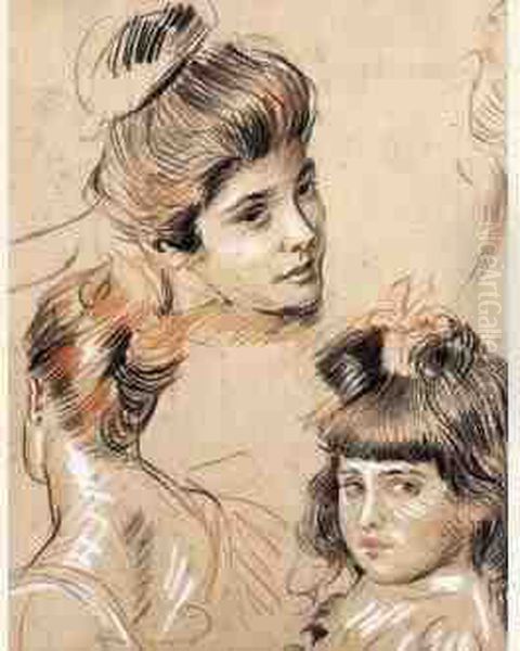 Deux Portraits De Fillette Et Deux De Jeune Femme Au Chignon. Oil Painting by Paul Cesar Helleu