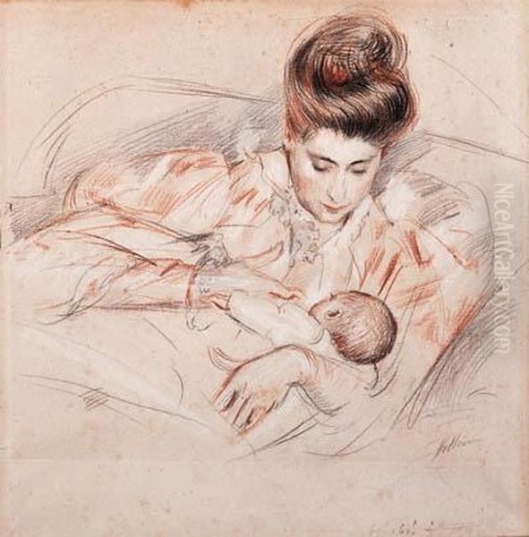 Mother And Child Oil Painting by Paul Cesar Helleu