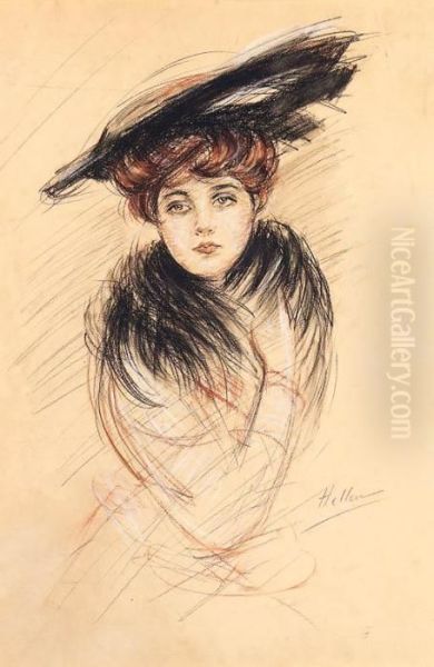 An Elegant Lady In A Dark Hat Oil Painting by Paul Cesar Helleu