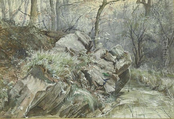 A Kingfisher Flying Over A Stream In A Wooded Landscape Oil Painting by Charles Napier Hemy