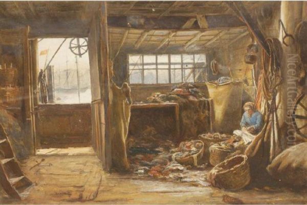 A Woman In A Shack Mending Fishing Nets Oil Painting by Charles Napier Hemy