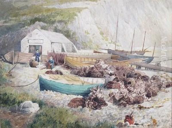 Fishermen, Fishing Boats Andlobster Pots Oil Painting by Charles Napier Hemy