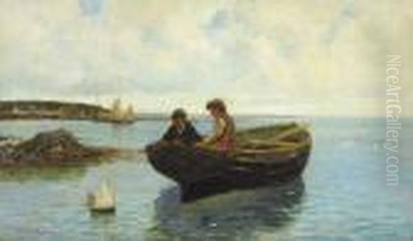 Children With Sailboat Oil Painting by Charles Napier Hemy