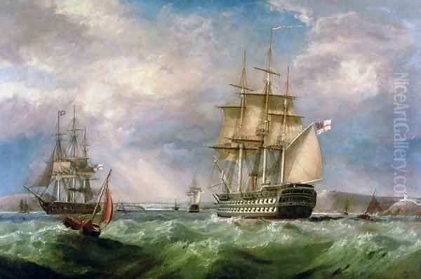 British Men-O'-War Sailing into Cork Harbour Oil Painting by George Mounsey Wheatley Atkinson