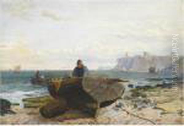 A Fisherman On The Beach, Tynemouth Castle Beyond Oil Painting by Charles Napier Hemy