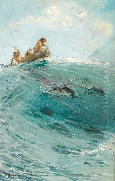 Canoe Fishermen Oil Painting by Charles Napier Hemy