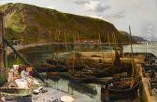 The Fishing Fleet In The Harbour At Burnmouth,berwickshire Oil Painting by Charles Napier Hemy