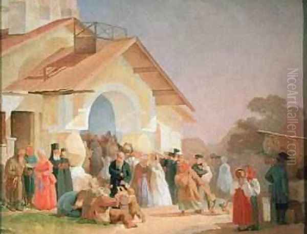 Coming out of a Church in Pskov 1863-64 Oil Painting by Aleksandr Ivanovich Morozov