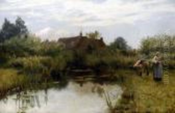 Gathering Reeds By The River, A Summer Landscape With Figures, Farmhouse Beyond by Charles Napier Hemy