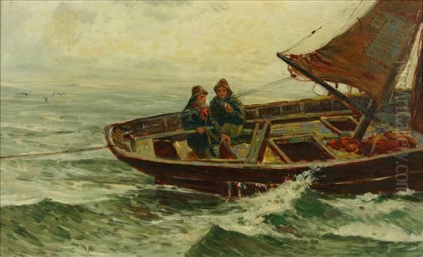 Two Fishermen Ina Sailing Boat Fixing The Line Each Oils On Board Oil Painting by Charles Napier Hemy