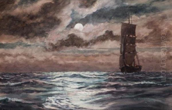 Shipping On Open Seas In The Moonlight Oil Painting by Charles Napier Hemy