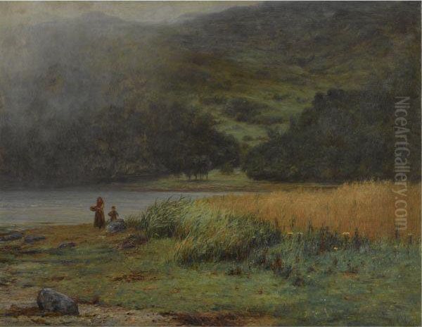 Mother And Child By A Loch Oil Painting by Joseph Henderson