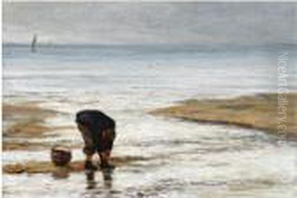 The Beach Comber; Bringing In The Nets At Dusk Oil Painting by Joseph Henderson