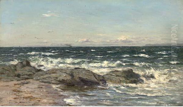 Waves Crashing Against A Rocky Coastline Oil Painting by Joseph Henderson