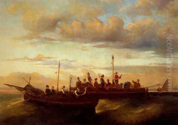 Italian Fishing Vessels at Dusk Oil Painting by Adolphe Monticelli