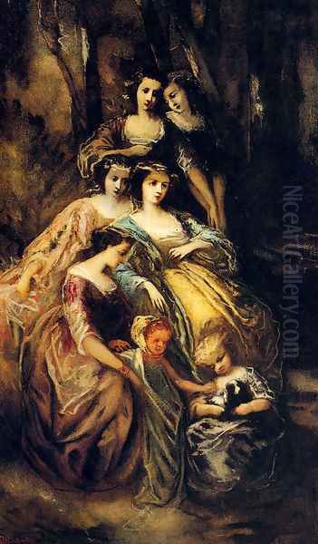 Empress Eugenie And Her Attendants Oil Painting by Adolphe Monticelli