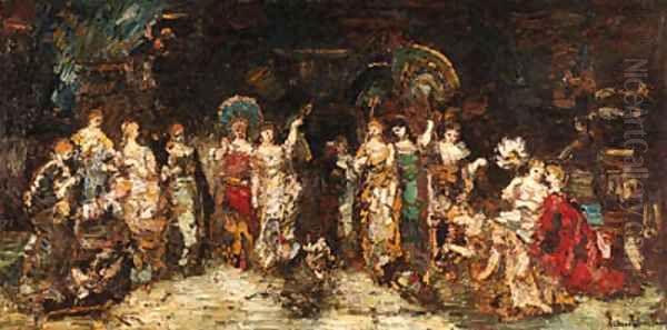 Combat de coqs devant un groupe de jeunes femmes Oil Painting by Adolphe Monticelli