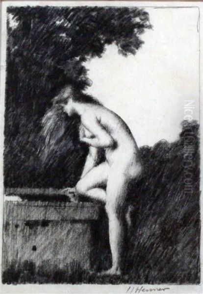 Nude In A Garden Oil Painting by Jean-Jacques Henner